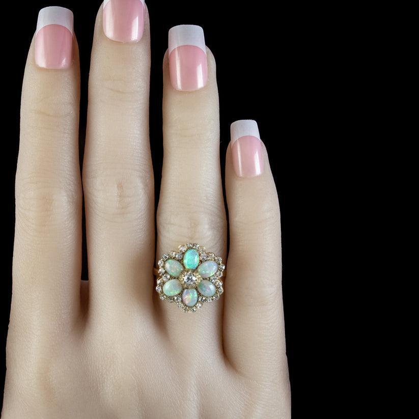 Cabochon Vintage Opal Diamond Cluster Ring in 3 Carat of Opal For Sale