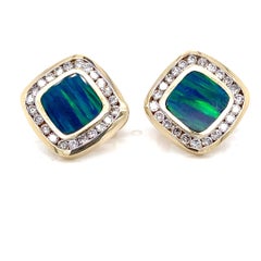 Vintage Opal & Diamond Cushion Button Earrings - 14K Yellow Gold