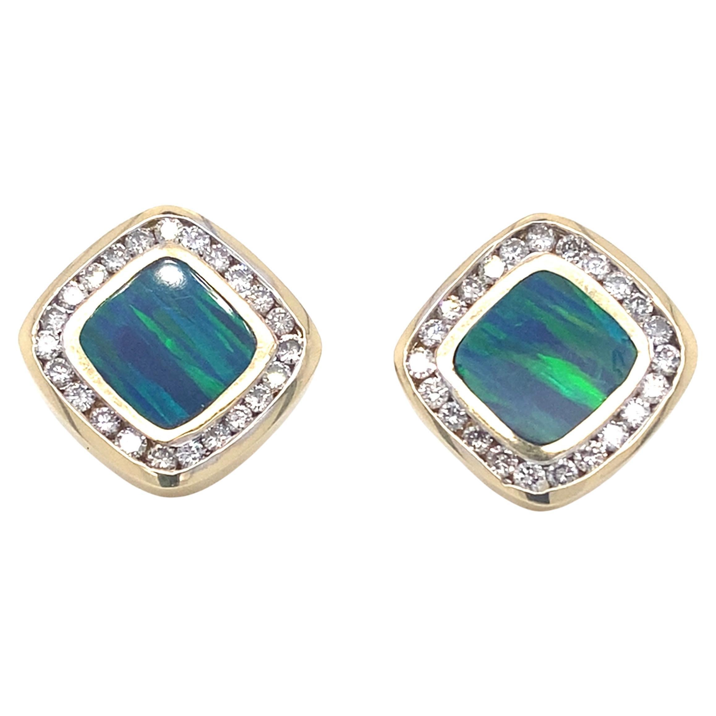 Boucles d'oreilles vintage en or jaune 14 carats avec doublet d'opale et diamants, taille « coussin », années 2000