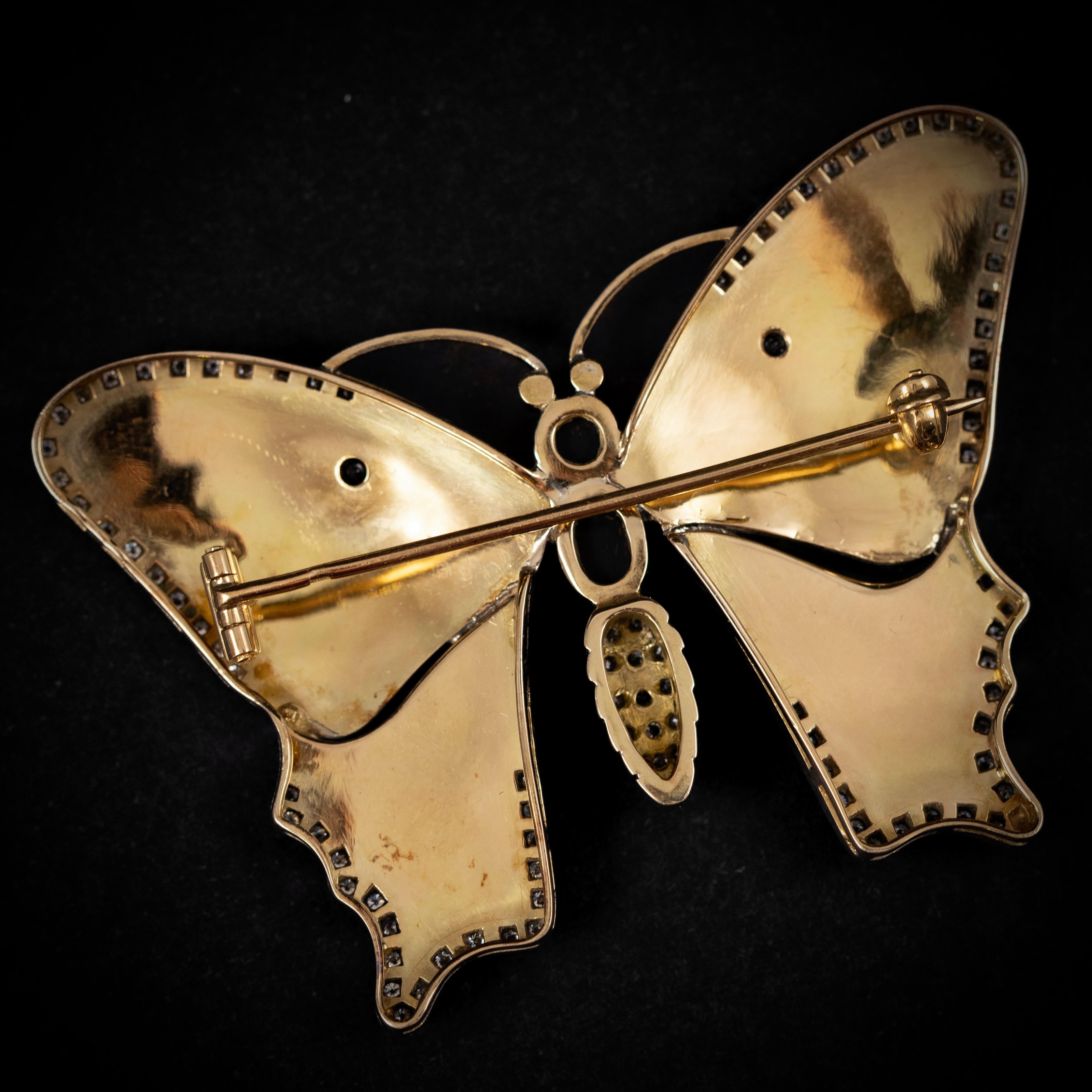 Vintage Opale Diamante Smalto Farfalla Spilla Oro Giallo Argento Portoghese Anni '90 in vendita 2