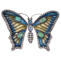 Vintage Opal Diamond Enamel Butterfly Brooch Yellow Gold Silver Portuguese 1990s