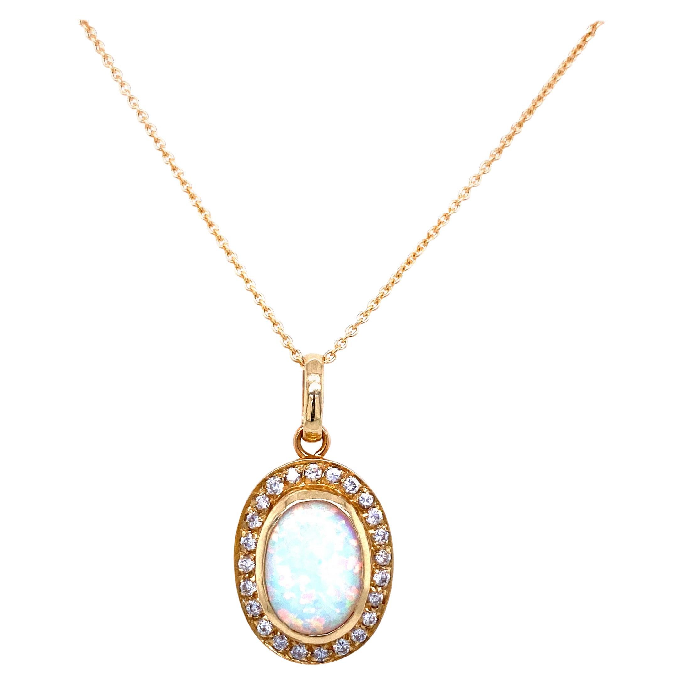 Vintage Opal Diamond Gold Pendant Necklace