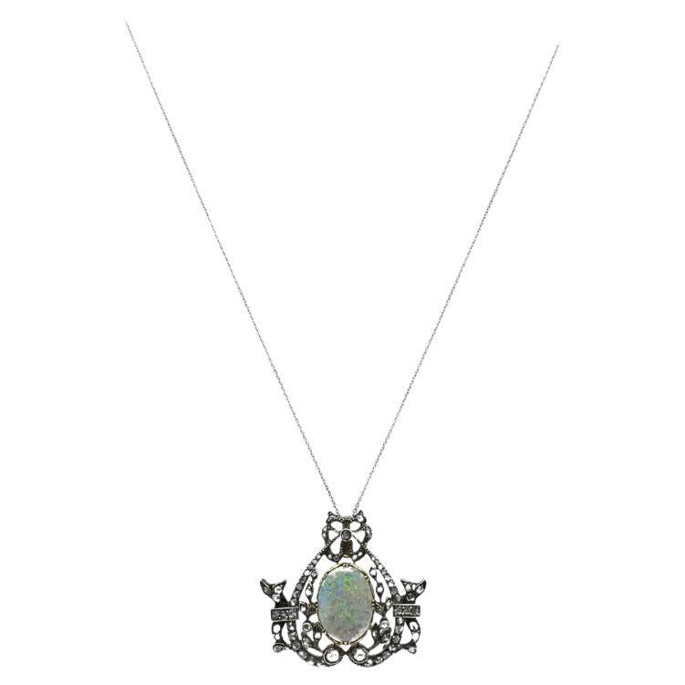 Vintage Opal-Diamant-Anhänger-Halskette aus 10k Gold Silber und 18k Gold