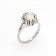 Vintage Opal Diamond Ring 14 Karat White Gold Small Cocktail Estate Jewelry
