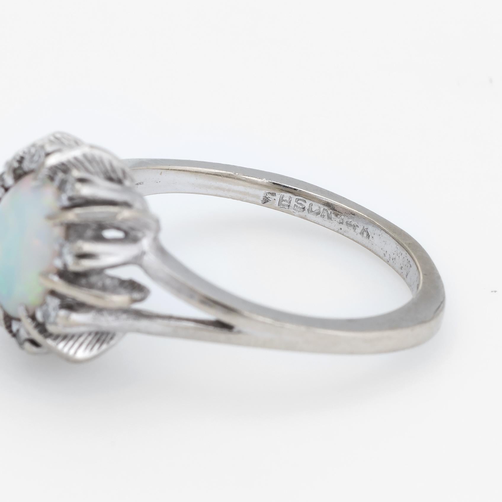 Women's Vintage Opal Diamond Ring 14 Karat White Gold Small Cocktail Estate Jewelry