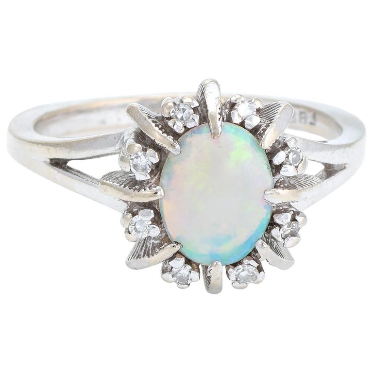 Vintage Opal Diamond Ring 14 Karat White Gold Small Cocktail Estate