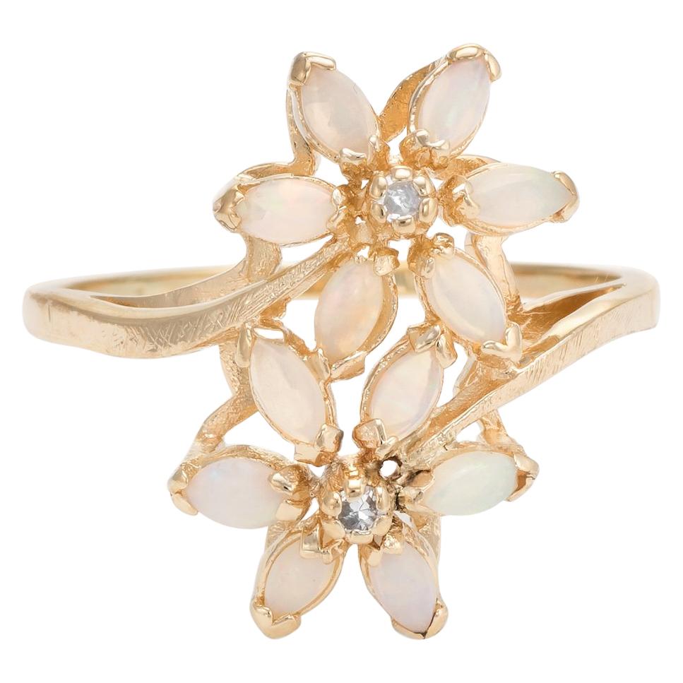 Vintage Opal Diamond Ring Double Flower Toi et Moi 14 Karat Gold Estate 10