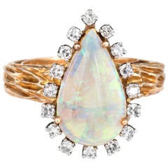 Vintage Opal Diamond Ring Pear Shaped 14 Karat Yellow Gold Estate Fine Jewelry