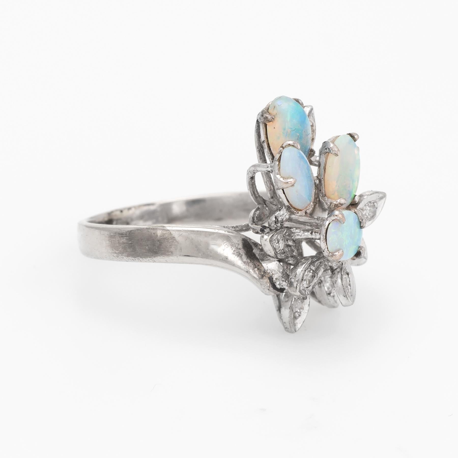 Oval Cut Vintage Opal Diamond Ring Spray 10 Karat White Gold Estate Fine Jewelry