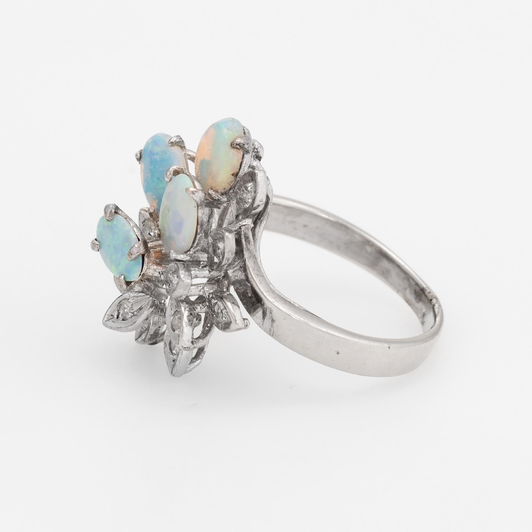 Vintage Opal Diamond Ring Spray 10 Karat White Gold Estate Fine Jewelry In Excellent Condition In Torrance, CA