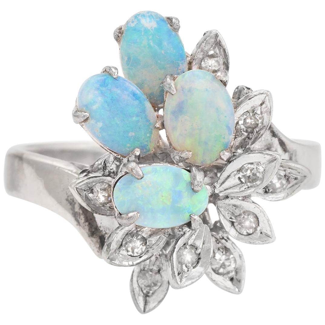 Vintage Opal Diamond Ring Spray 10 Karat White Gold Estate Fine Jewelry