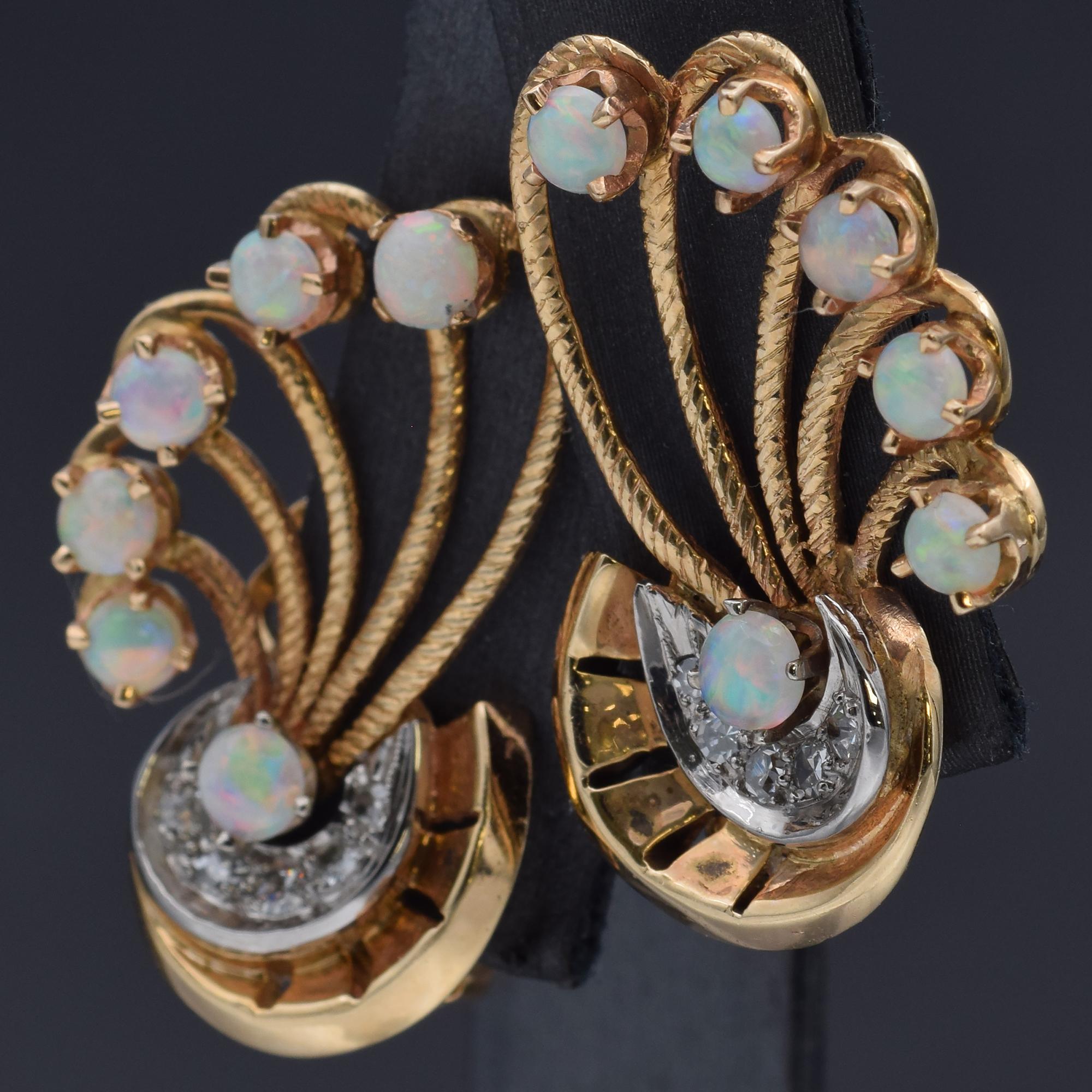 Women's or Men's Vintage Opal & Diamond Yellow Gold Swirl Clip-On Earrings