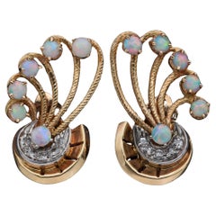 Vintage Opal & Diamond Yellow Gold Swirl Clip-On Earrings