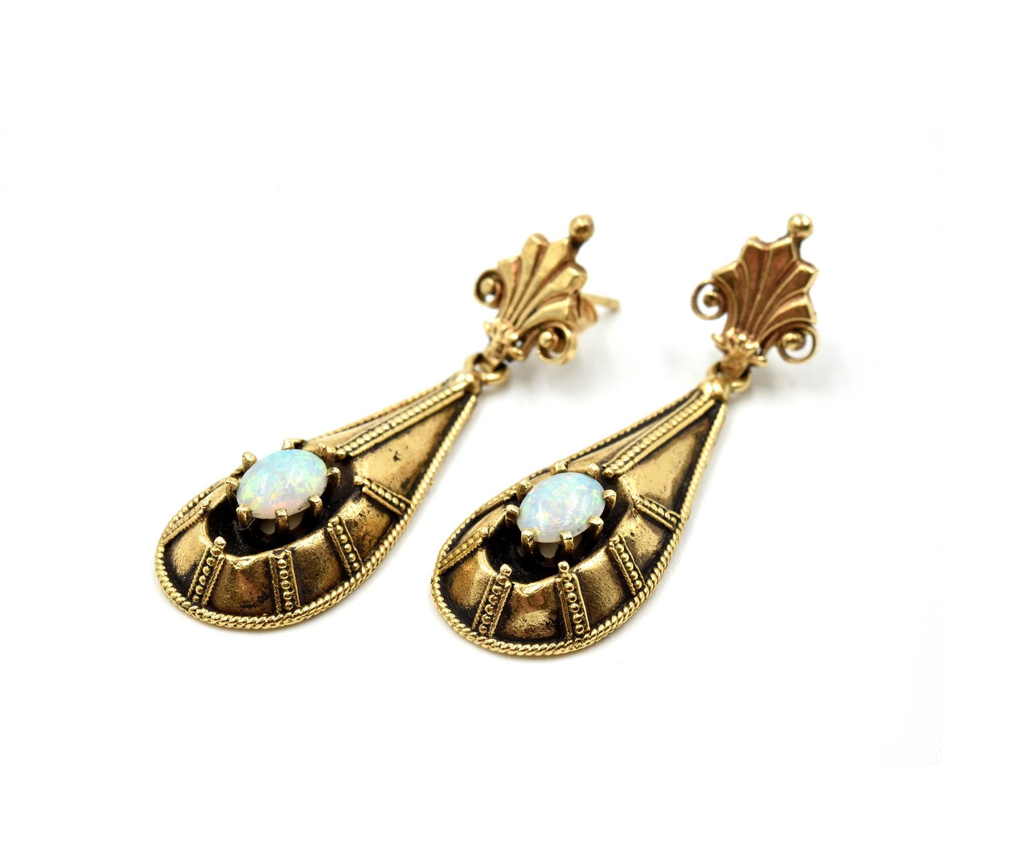 Oval Cut Vintage Opal Drop Earrings 14 Karat Yellow Gold
