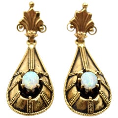 Vintage Opal Drop Earrings 14 Karat Yellow Gold