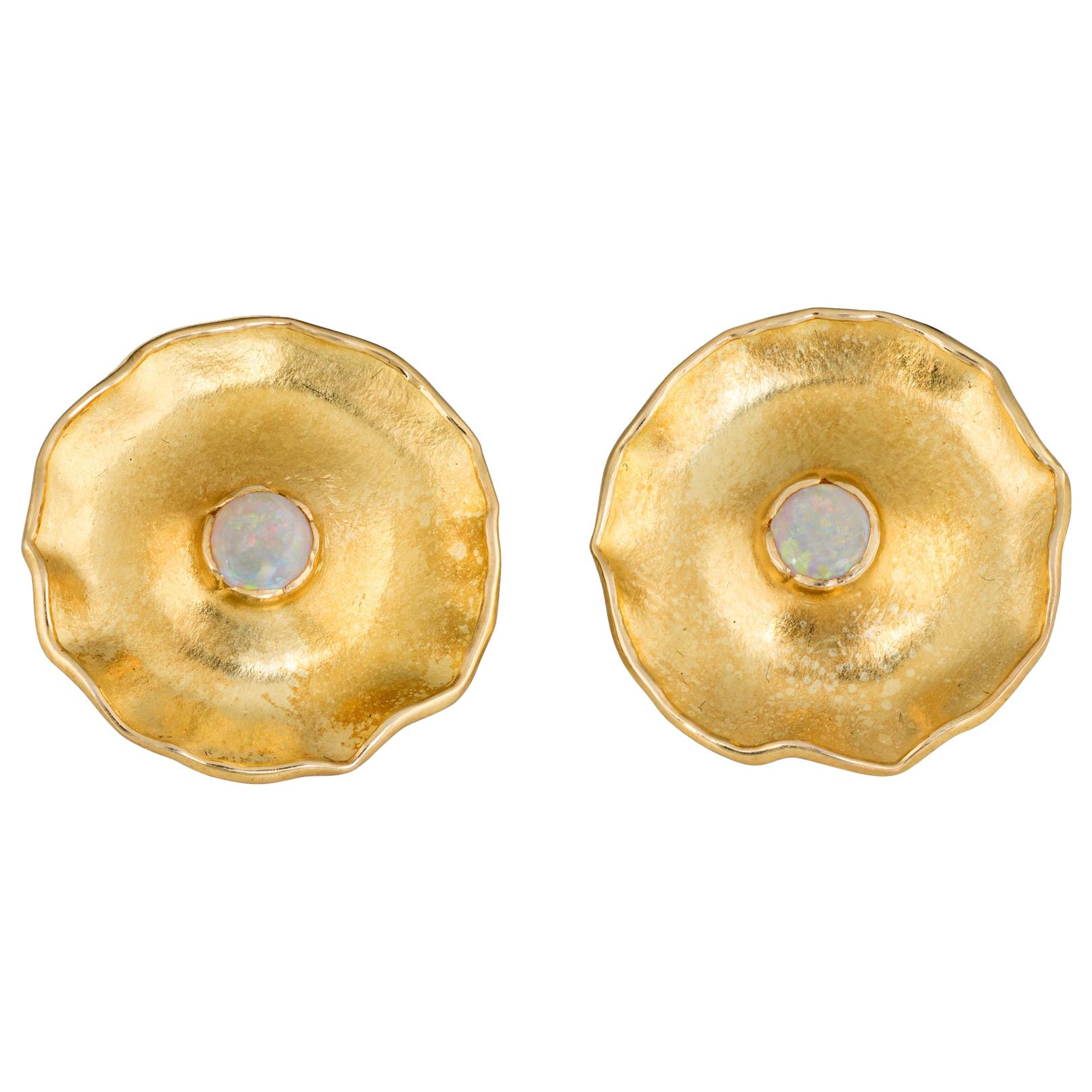 Vintage Opal Earrings 18k Gold Lily Pad Michael Banzhaf Studio Jewelry, 1990