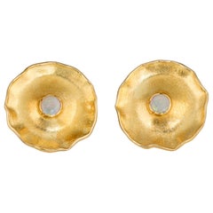 Vintage Opal Earrings 18k Gold Lily Pad Michael Banzhaf Studio Jewelry, 1990
