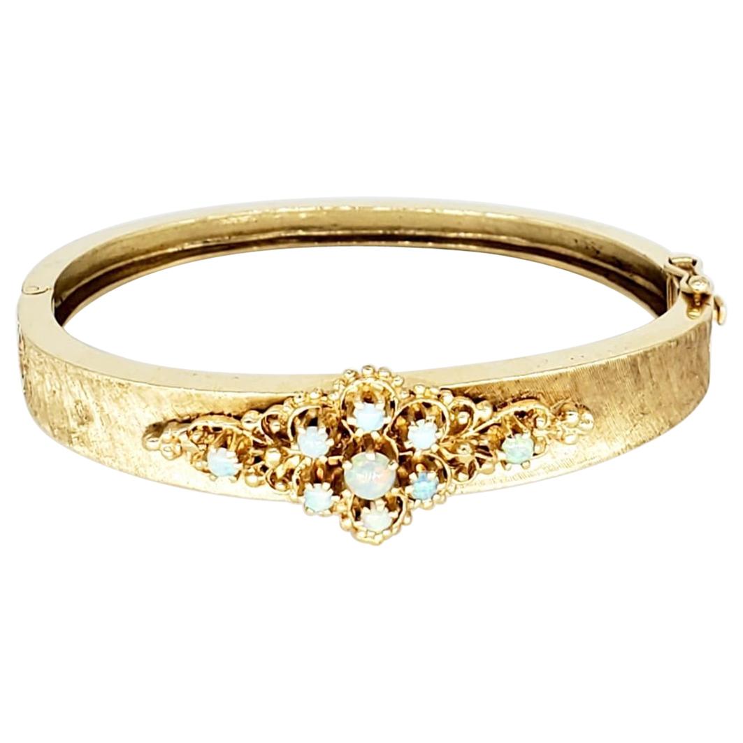 Vintage Opal Floral Bangle 14 Karat Gold For Sale