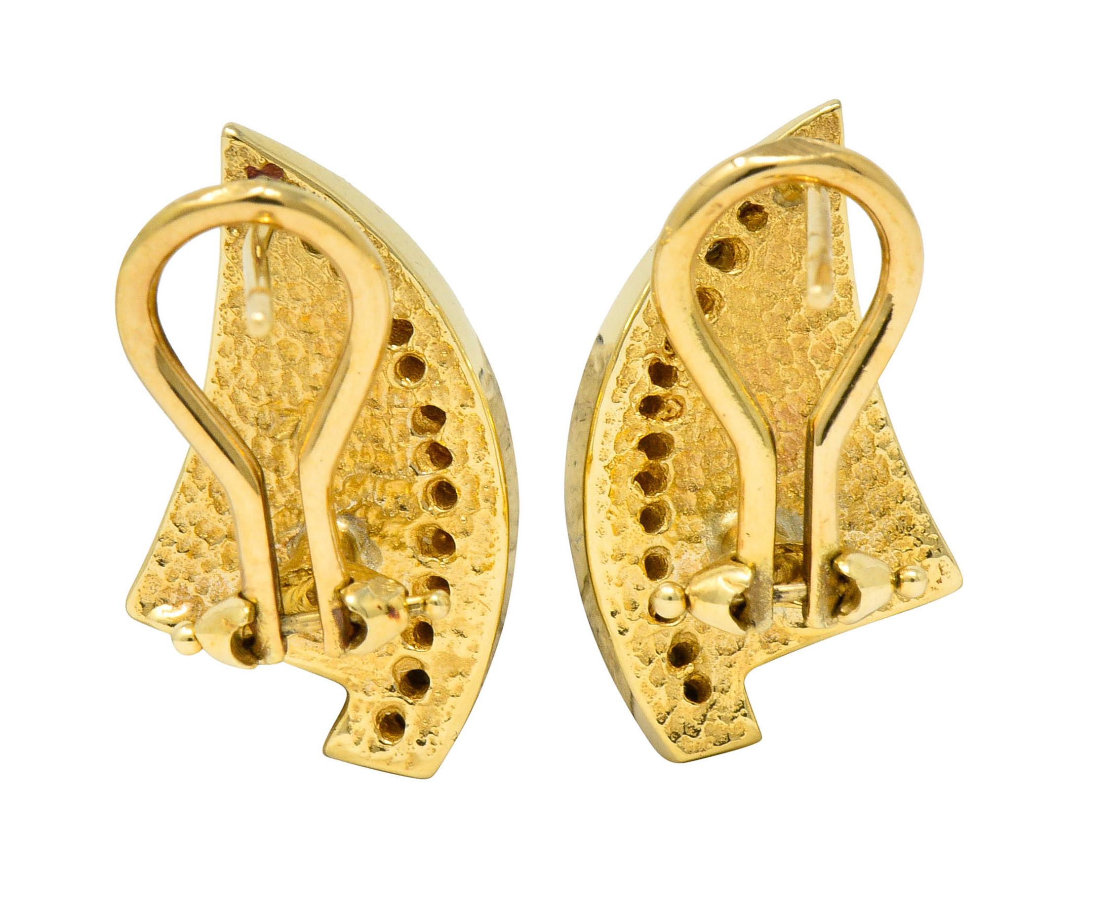 Contemporary Vintage Opal Inlay Modernist Diamond 14 Karat Gold Earrings