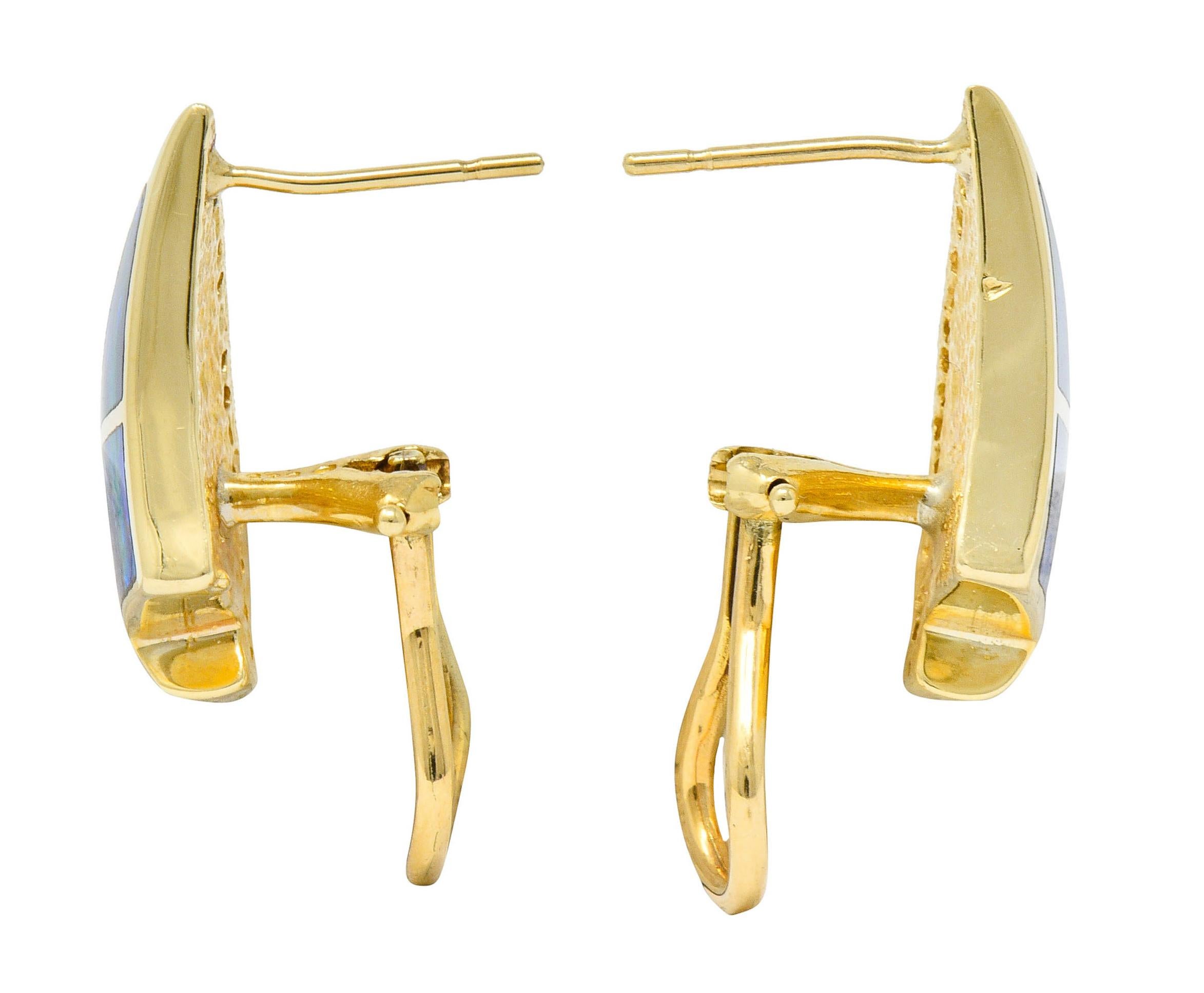 Brilliant Cut Vintage Opal Inlay Modernist Diamond 14 Karat Gold Earrings