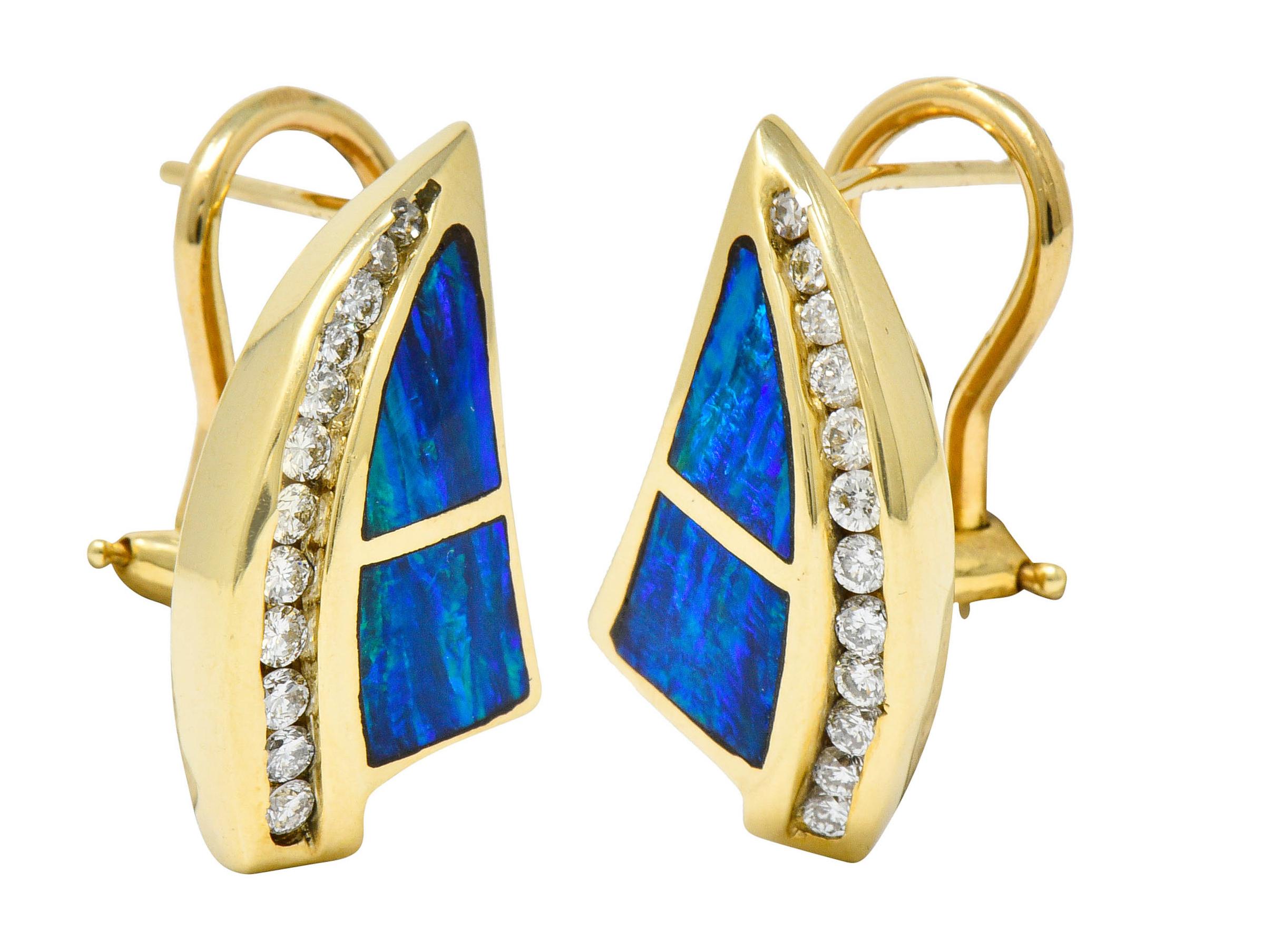 Women's or Men's Vintage Opal Inlay Modernist Diamond 14 Karat Gold Earrings