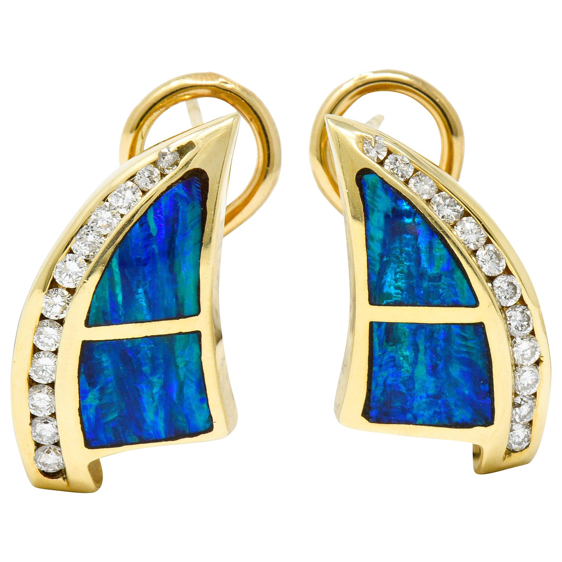 Vintage Opal Inlay Modernist Diamond 14 Karat Gold Earrings