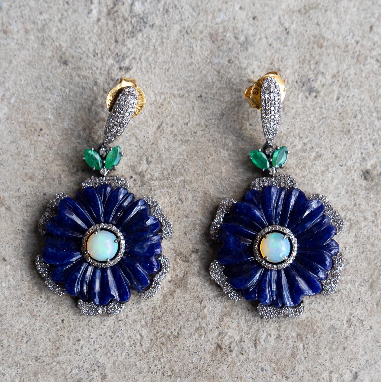 European Vintage Opal, Lapis, Emerald And Diamond Drop Earrings, Mid-Late 20th Century For Sale