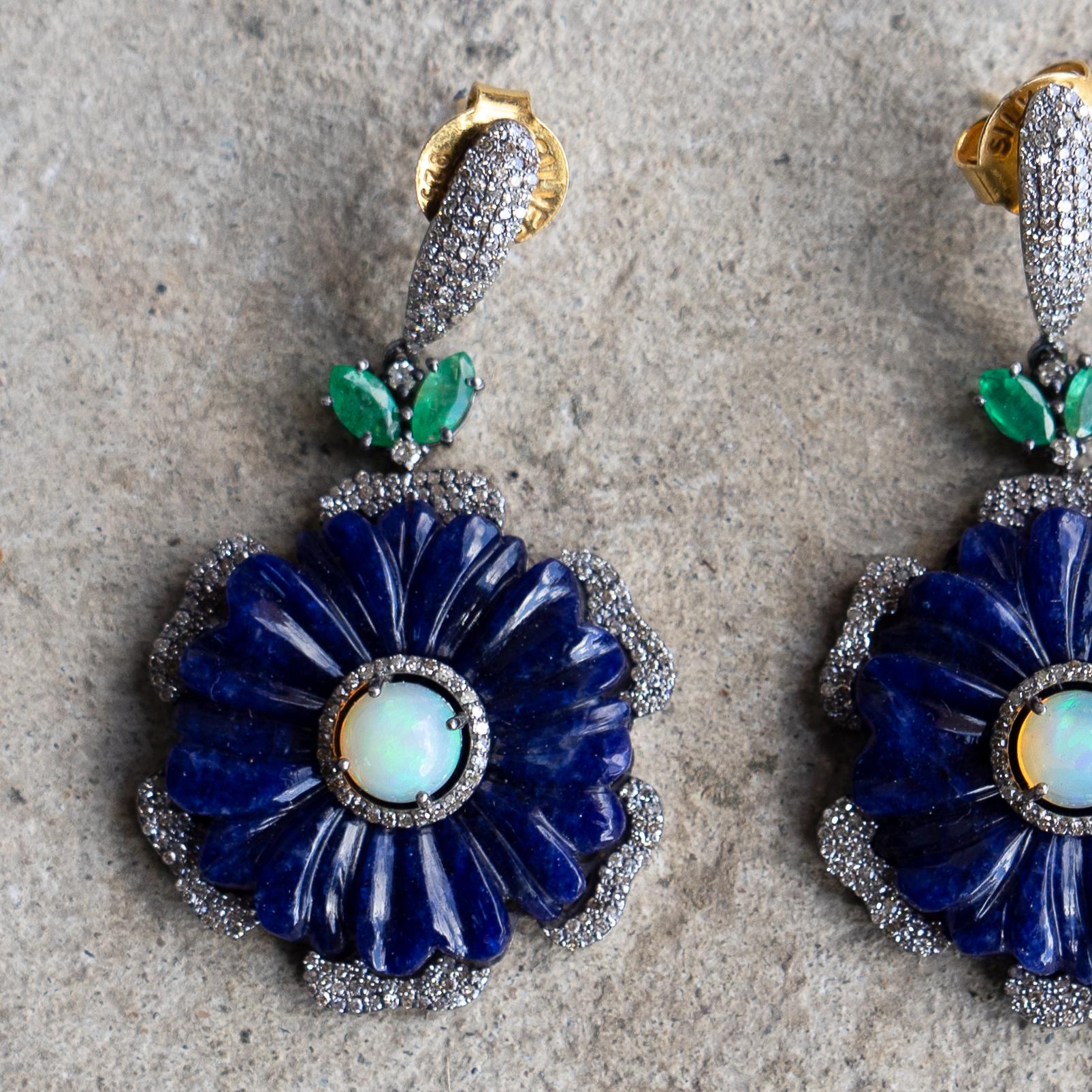 Carved Vintage Opal, Lapis, Emerald And Diamond Drop Earrings, Mid-Late 20th Century For Sale