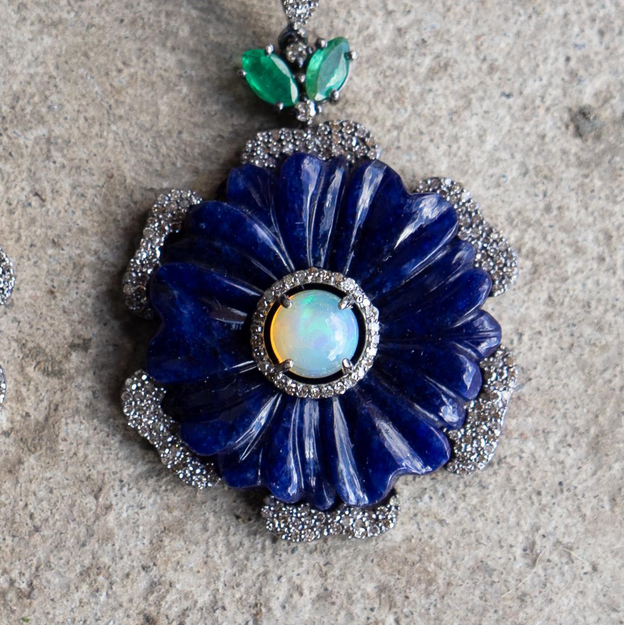 Vintage Opal, Lapis, Emerald And Diamond Drop Earrings, Mid-Late 20th Century In Good Condition For Sale In Bristol, GB