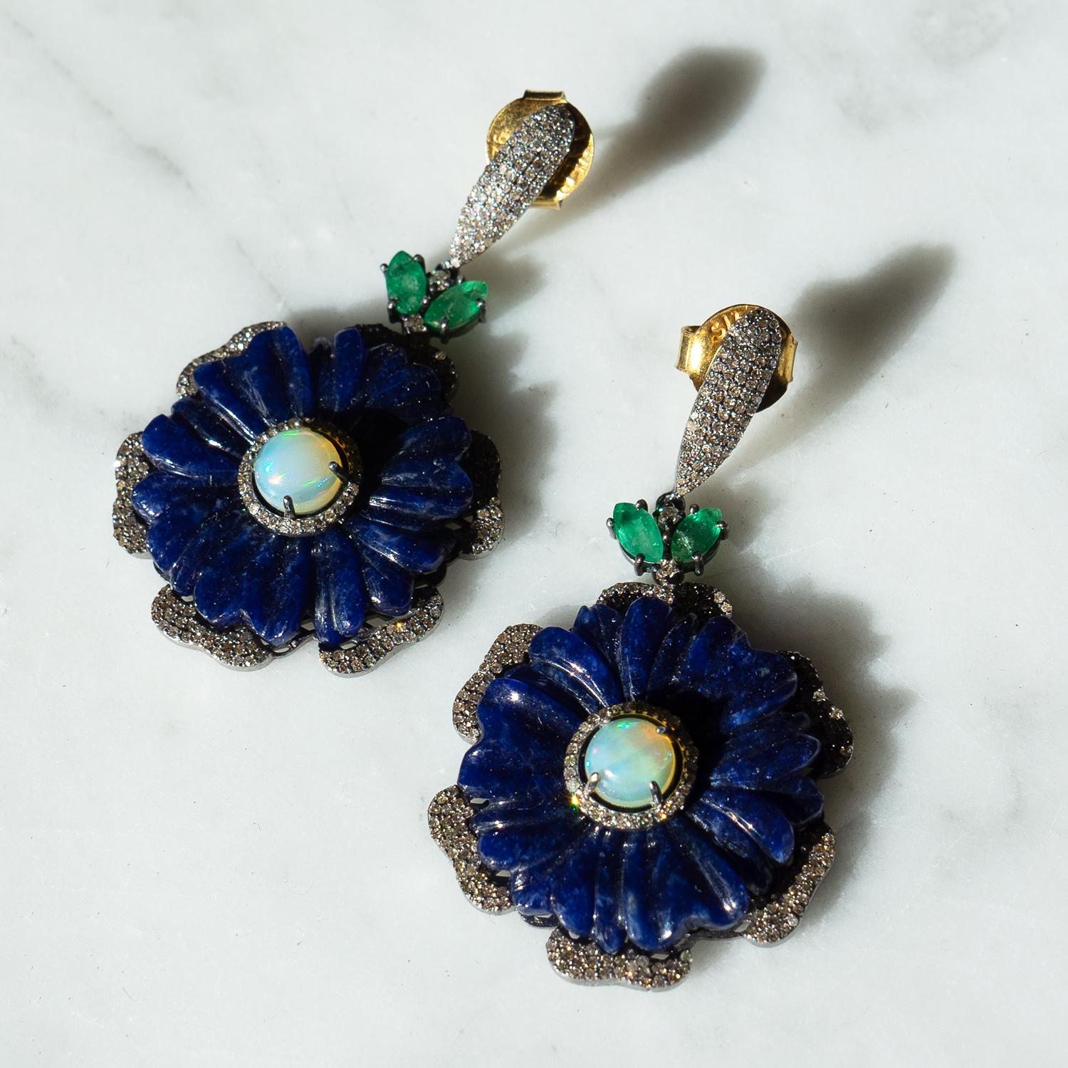 Silver Vintage Opal, Lapis, Emerald And Diamond Drop Earrings, Mid-Late 20th Century For Sale