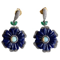 Vintage Opal, Lapis, Emerald And Diamond Drop Earrings, Mid-Late 20th Century