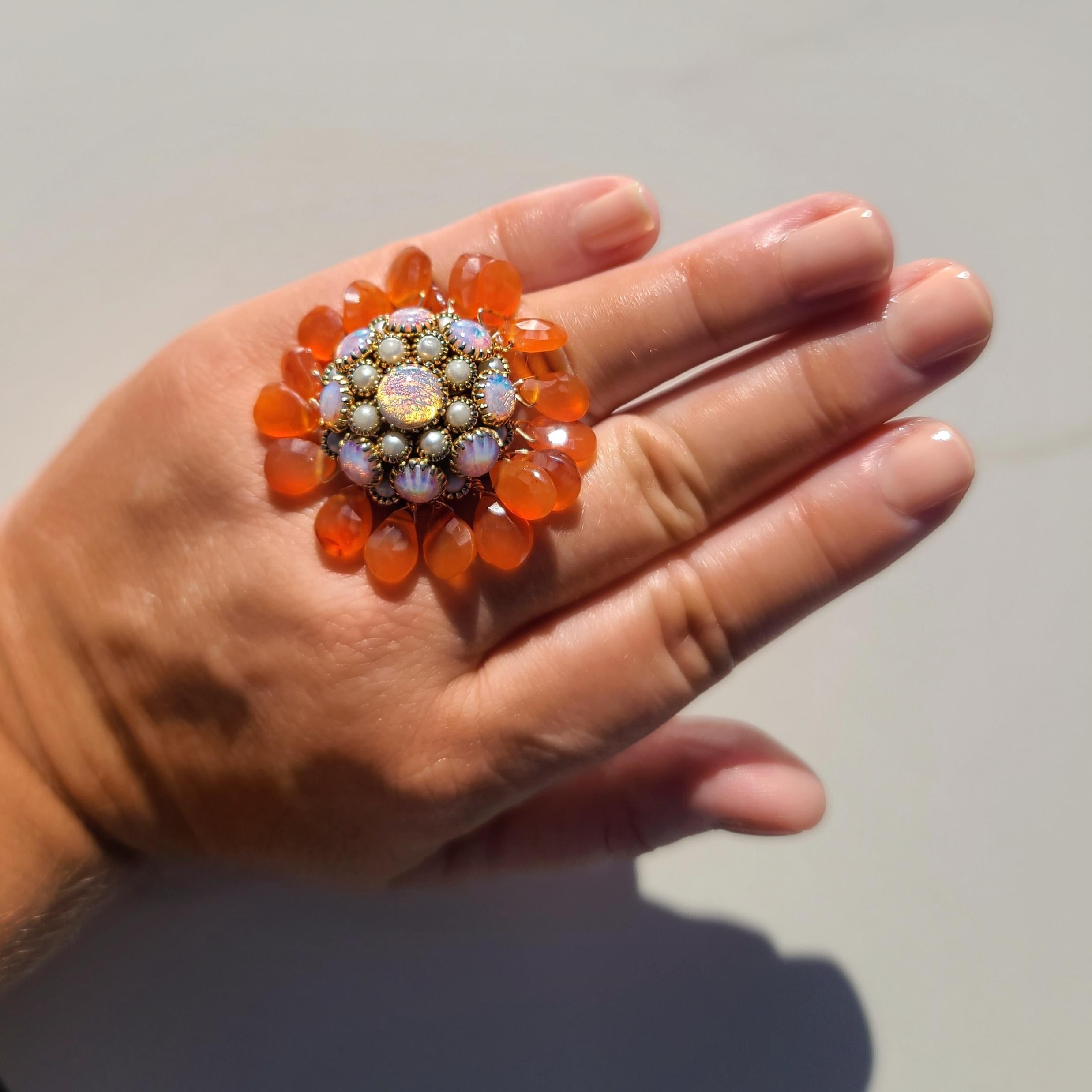 Authentic Vintage signed Judy Lee Faux Pearl & Opal gold tone Ring with adjustable sizing. Faux Pearls and Opal are beautifully prong set in the original Judy Lee design and Faceted Orange Carnelian tear drop shaped Beads have been carefully added