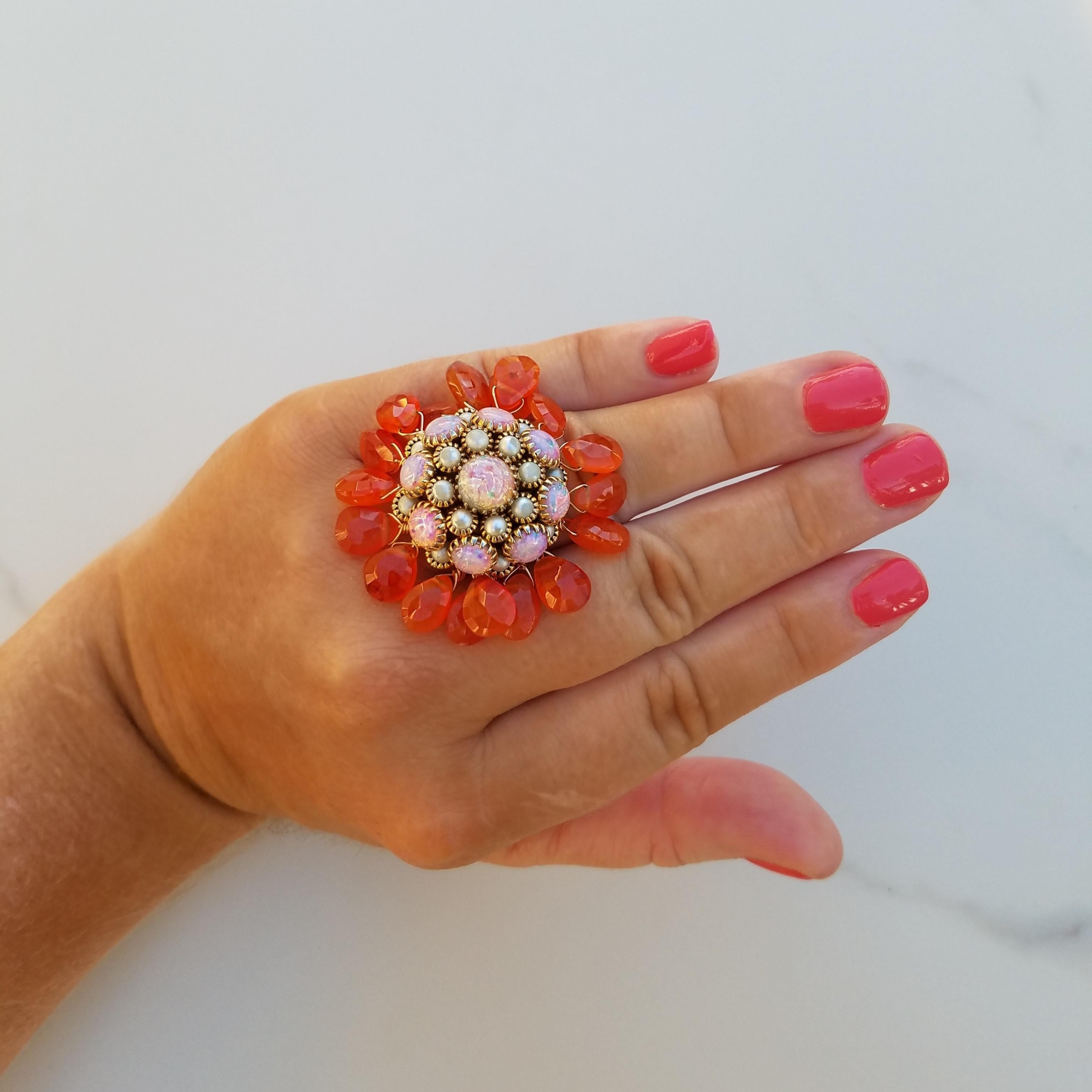 Bead Opal Pearl and Carnelian Ring For Sale