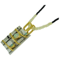 Vintage Opal Pendant Necklace Sterling Silver Gold Accents Estate Fine Jewelry