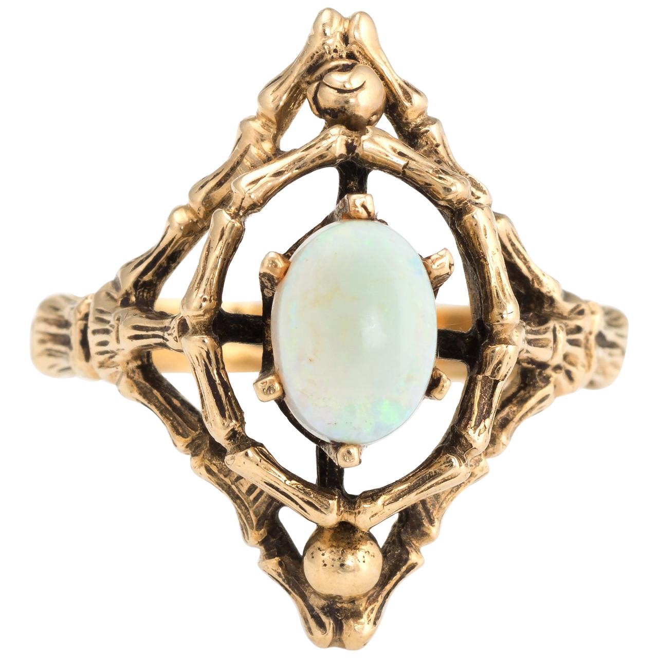 Vintage Opal Ring 14 Karat Yellow Gold Cocktail Bamboo Estate Fine Jewelry