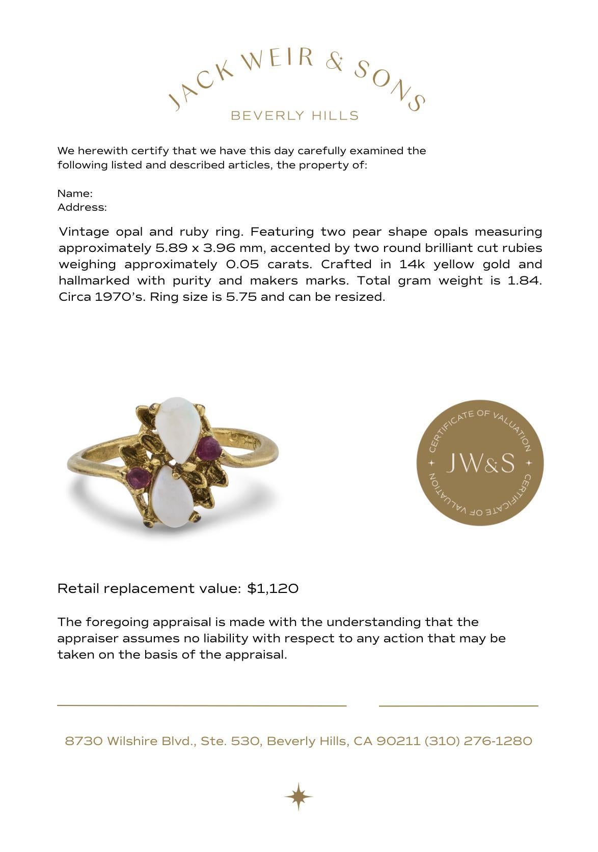 Bague vintage en or jaune 14k avec opale et rubis en vente 2