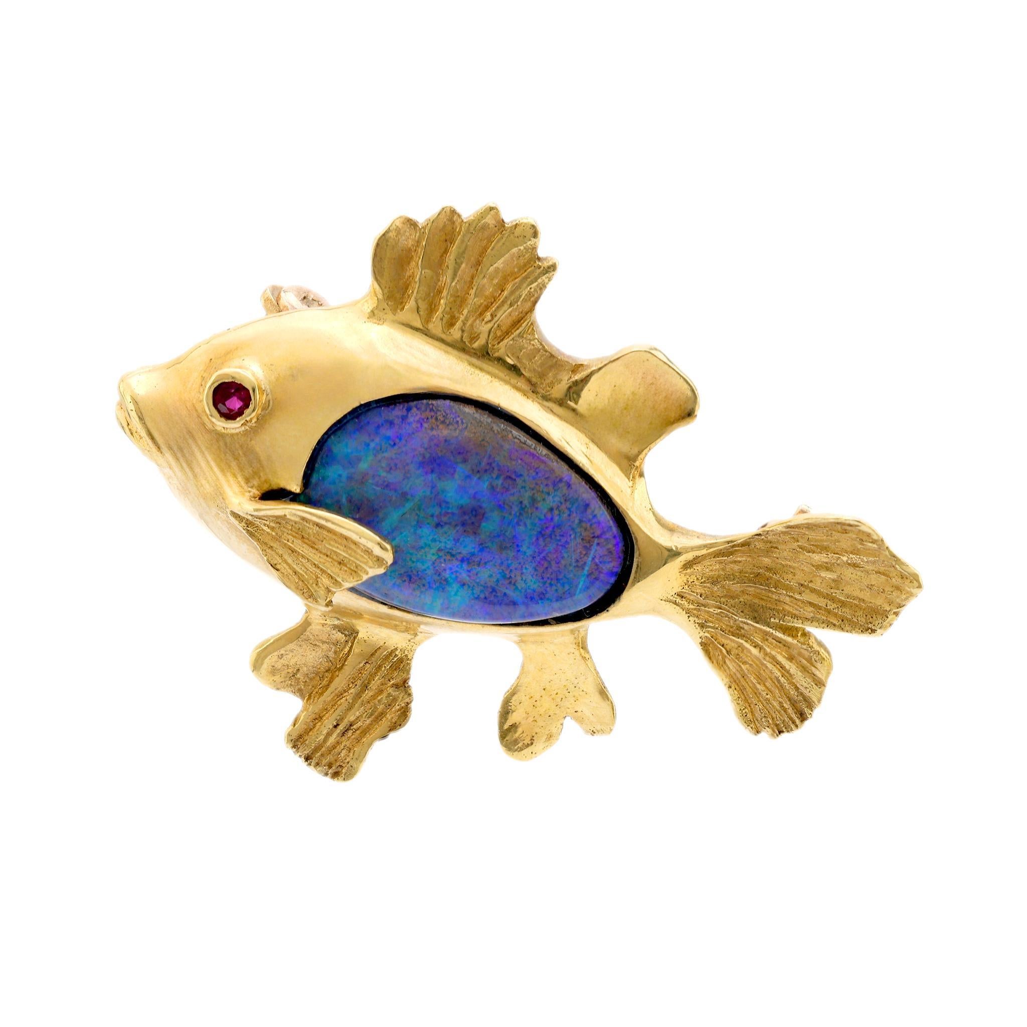 Modern Vintage opal ruby 18k yellow gold fish brooch