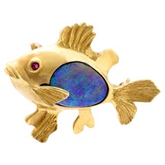 Vintage opal ruby 18k yellow gold fish brooch