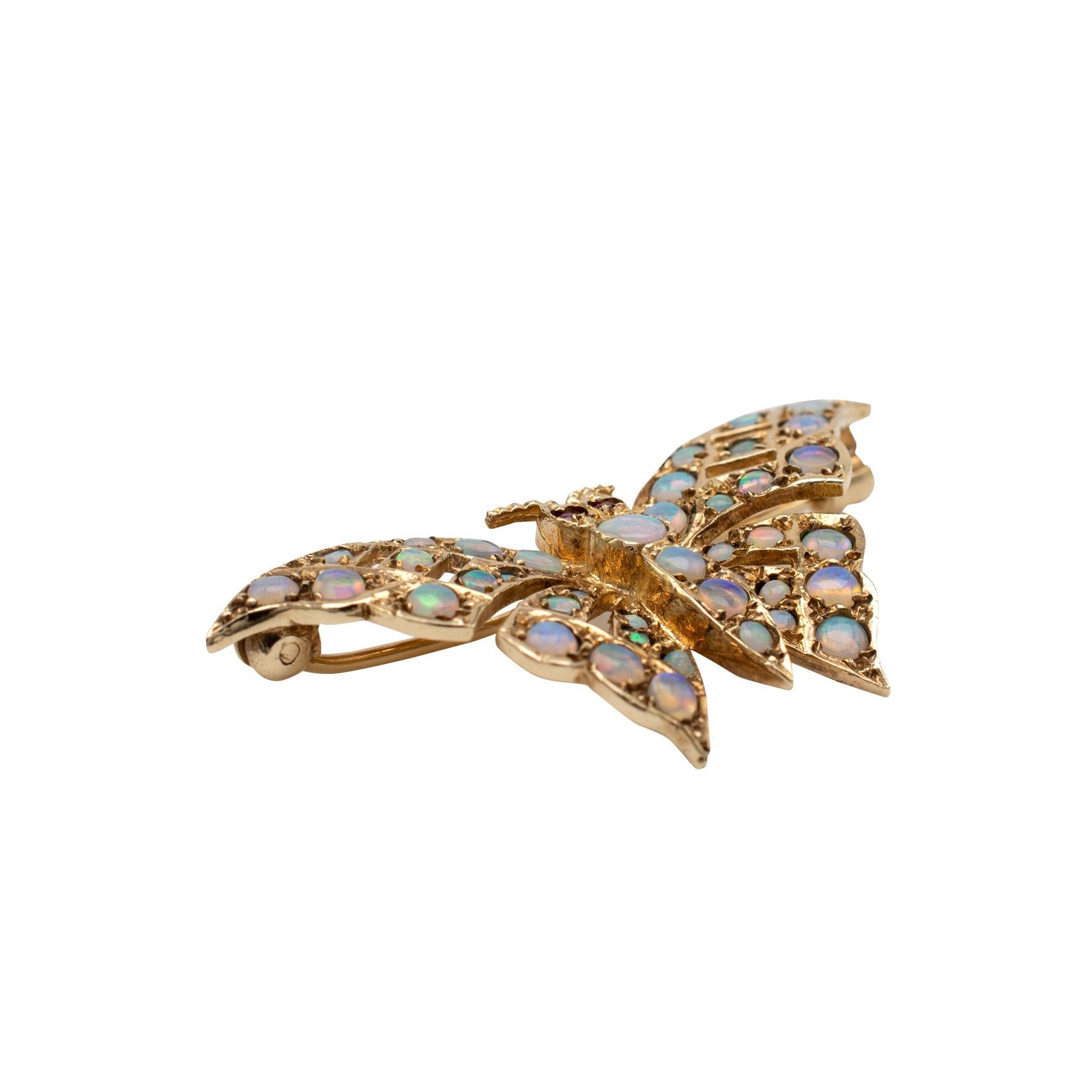 Art Deco Gold Butterfly Brooch With Natural Opals & Rubies Hallmarked London 1985