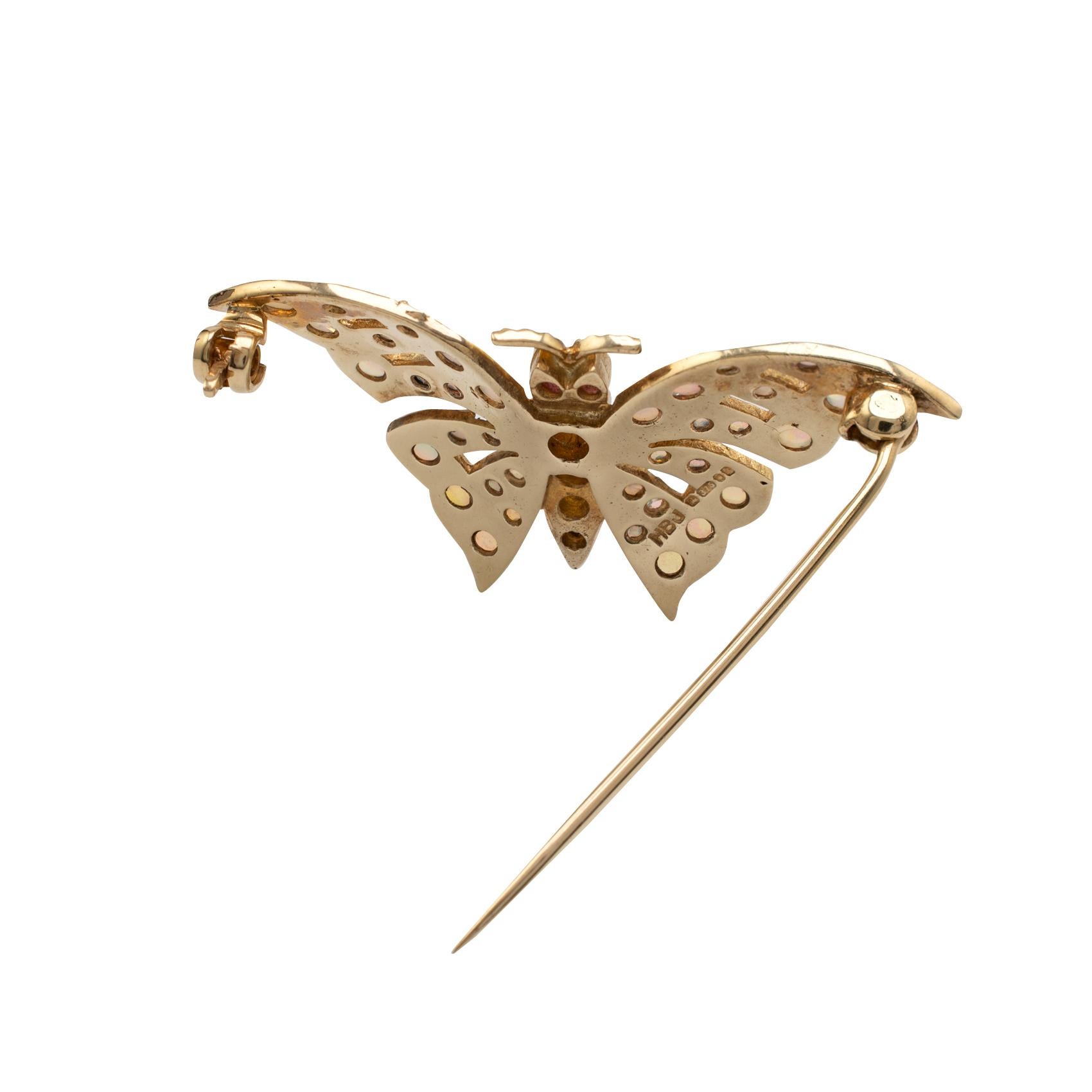 Round Cut Gold Butterfly Brooch With Natural Opals & Rubies Hallmarked London 1985