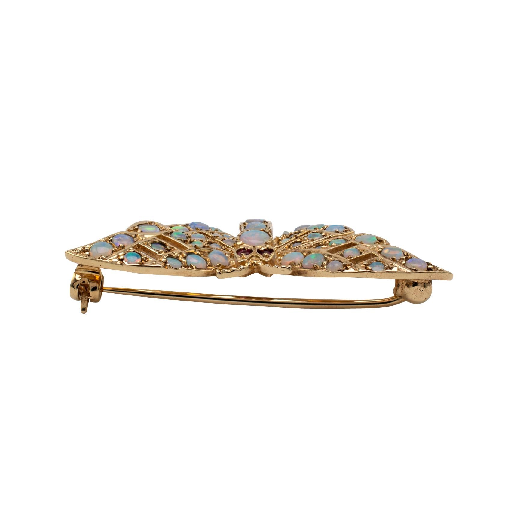 Gold Butterfly Brooch With Natural Opals & Rubies Hallmarked London 1985 In Good Condition In Preston, Lancashire