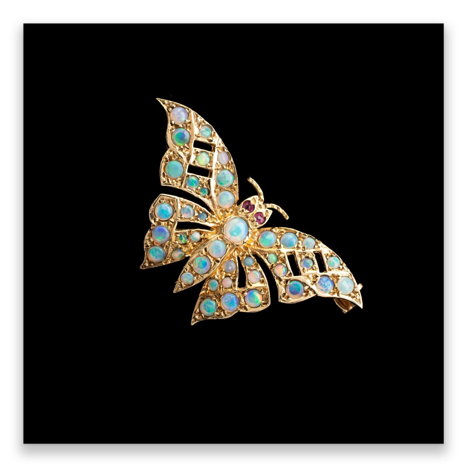 Gold Butterfly Brooch With Natural Opals & Rubies Hallmarked London 1985 2
