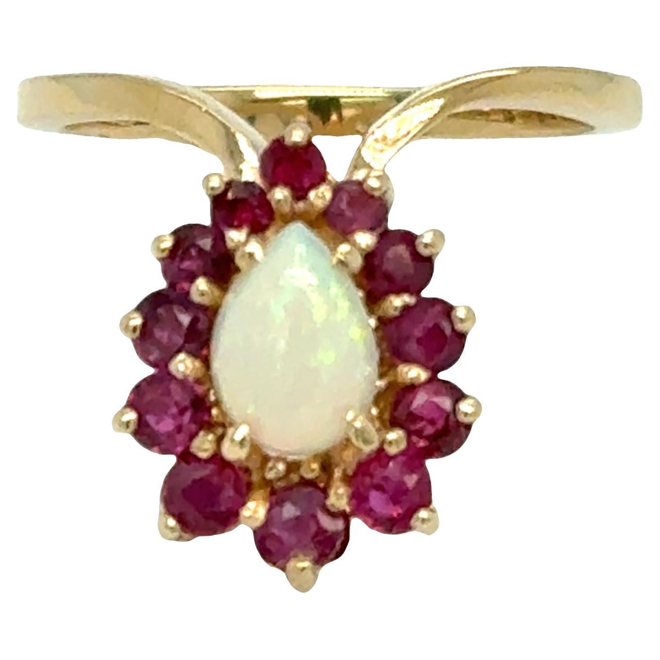 Vintage Opal & Ruby Chevron Ring – 14k Yellow Gold