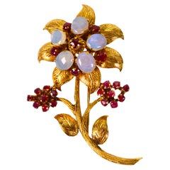Antique Opal Ruby Floral Bloom Gold Pin Brooch