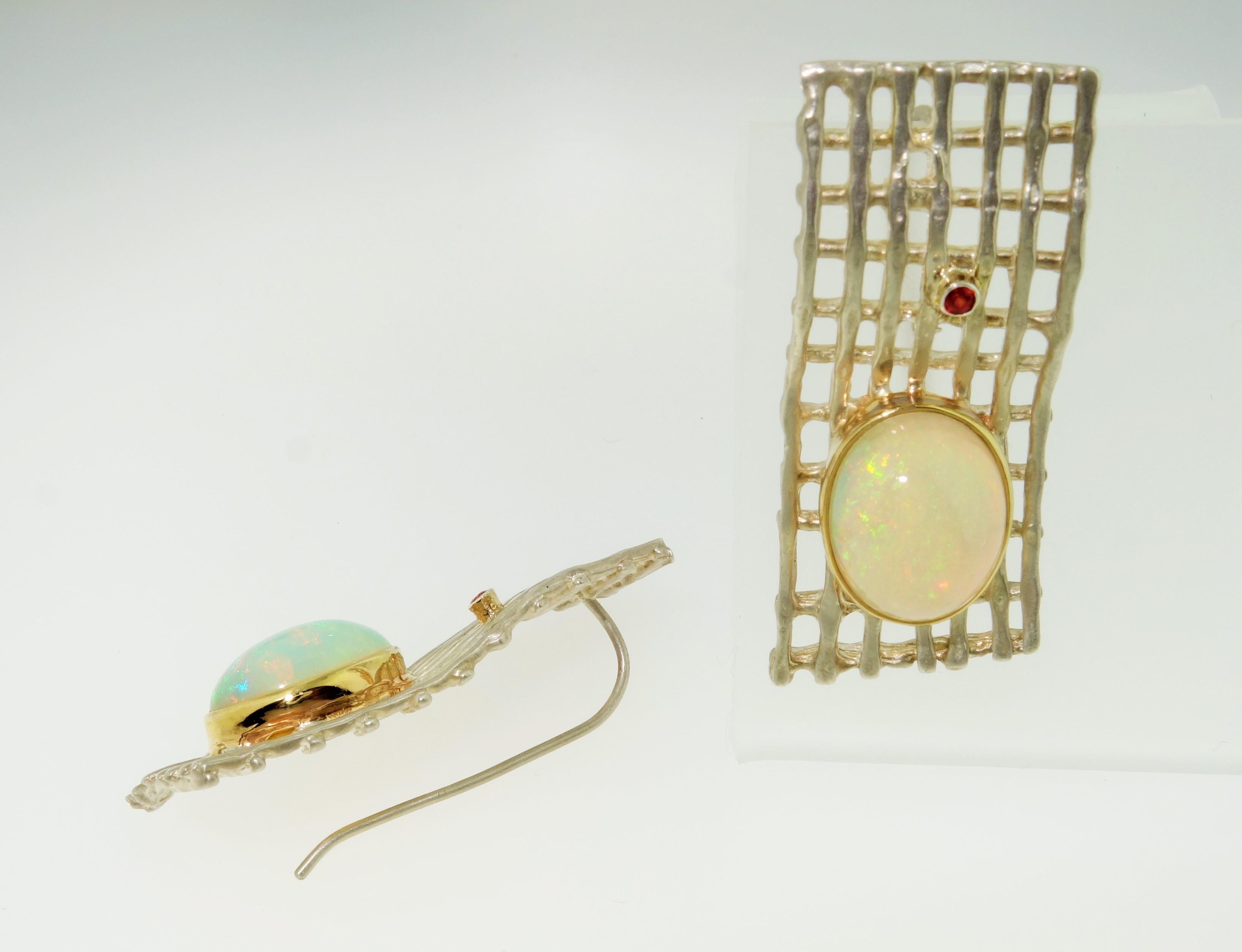 Modernist Vintage Opal Sapphire Rhodium Sterling Silver Gold Earrings Estate Fine Jewelry