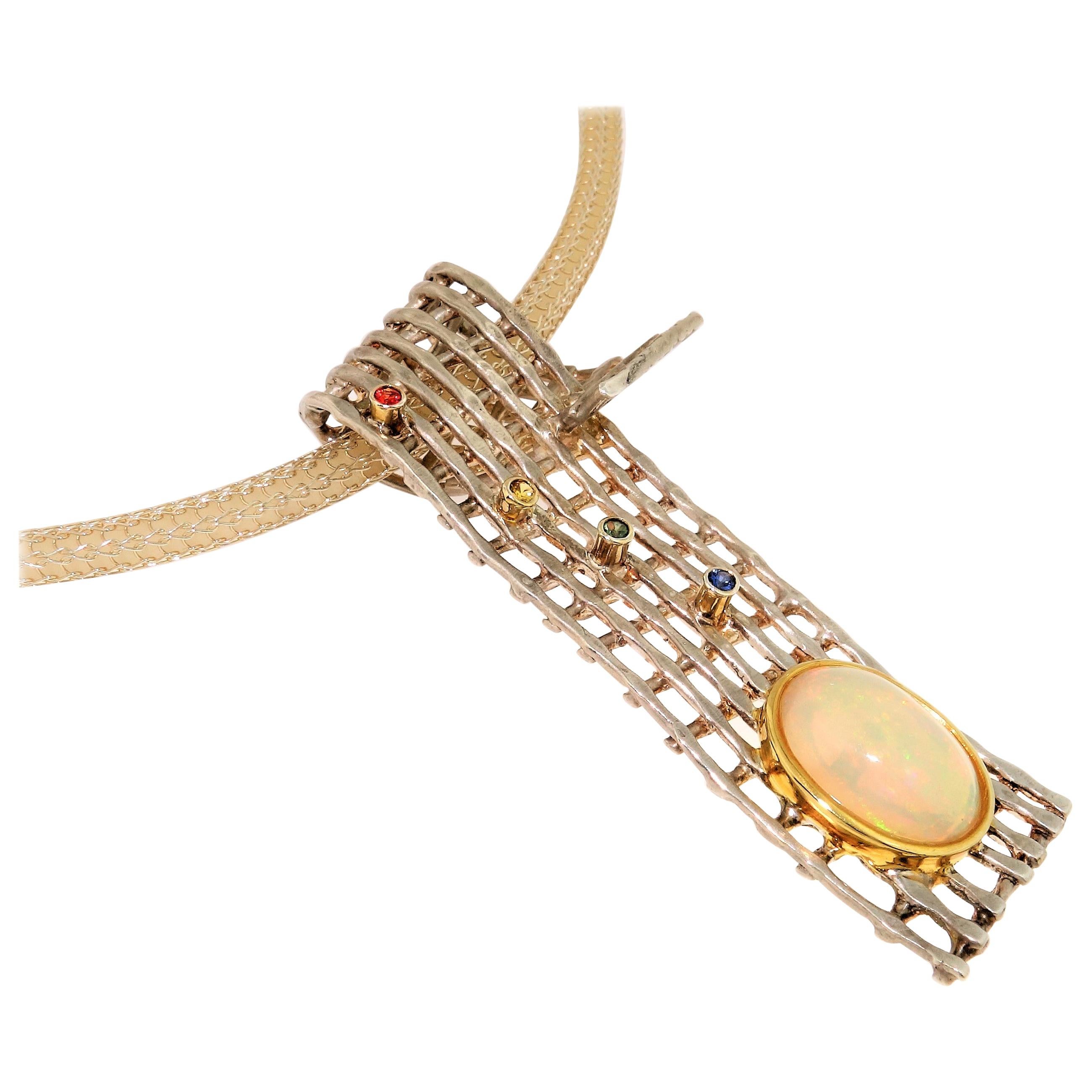 Collier pendentif vintage en or et argent sterling avec opale et saphir, ancienne propriété de joaillerie fine