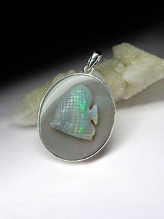 Vintage Opal Silver Pendant Natural Australian Carving Gemstone Unisex fish