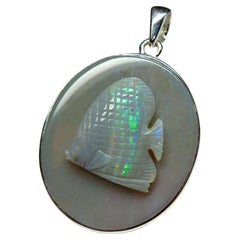 Vintage Opal Silver Pendant Natural Australian Carving Gemstone Unisex fish
