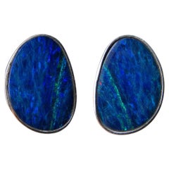Vintage Opal Studs Earrings silver Natural Australian Blue Green Gemstone