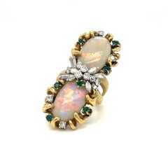 Vintage Opal Suite Ring and Earrings with Diamond and Emerald 18K Yellow Gold